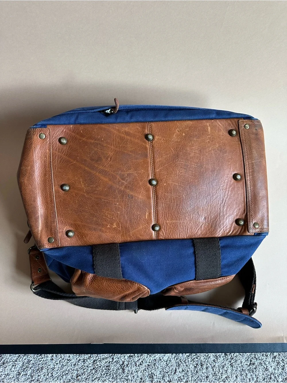 Will Leather Goods Blue Canvas Leather Duffel Bag Shoulder Strap Travel